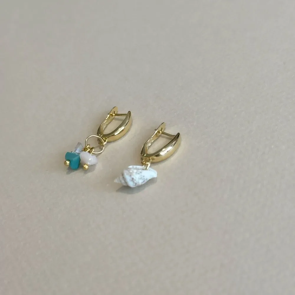 Anthropologie Gold Huggie Earrings with Shell, Turquoise and White Charms